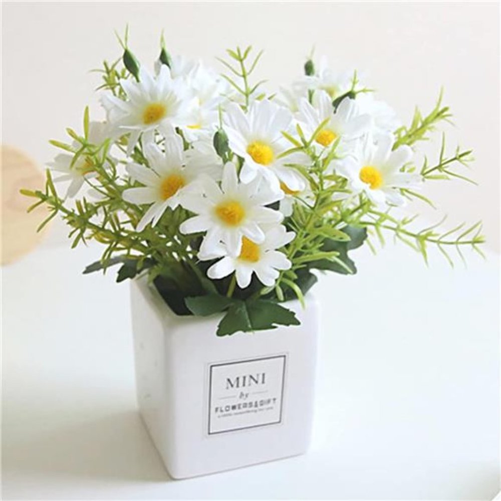 Artificial Flowers, Faux Flowers in Vase Small White Daisy Decor Mini Silky